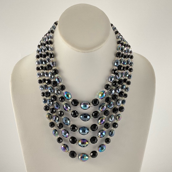 Vtg Black Aurora Borealis Crystal Necklace Vintage 5 Strand Statement Necklace - Picture 2 of 9